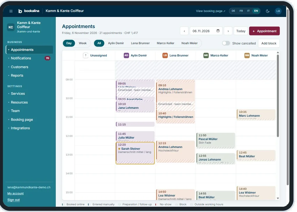 Bookalina calendar with appointments of Kamm & Kante on an iPad