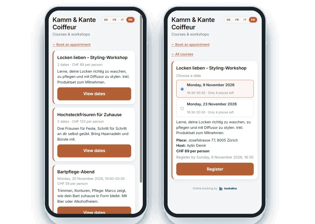Courses and course sign-up in the booking widget on two phones