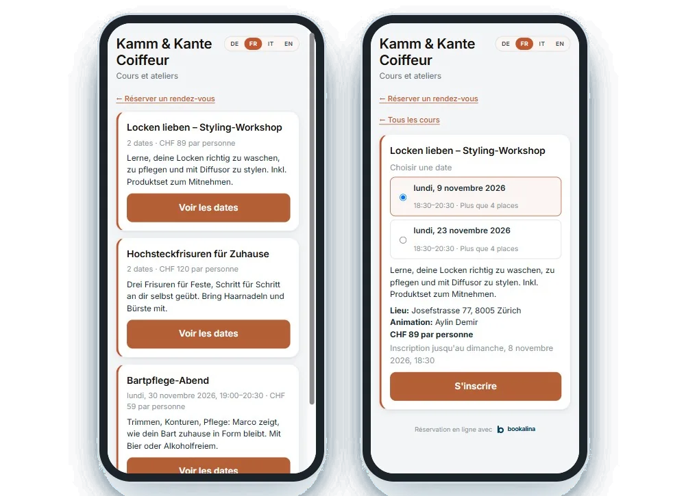 Cours et inscription dans le widget de réservation sur deux téléphones