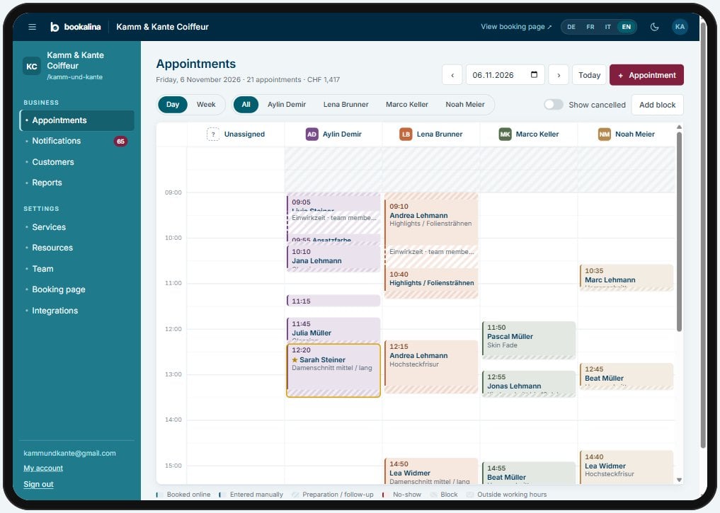 Bookalina calendar with appointments of Kamm & Kante on an iPad