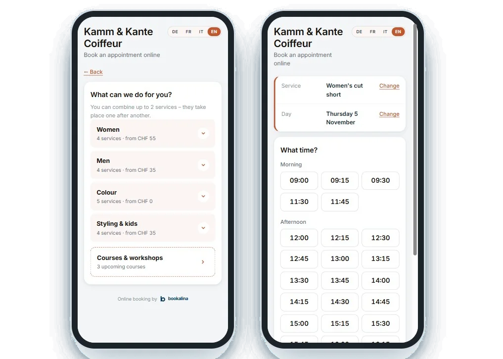 Kamm & Kante booking widget on two phones