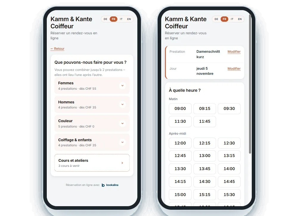 Widget de réservation de Kamm & Kante sur deux téléphones