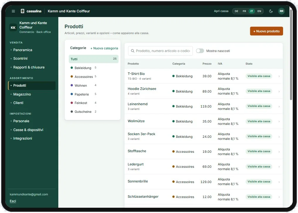 Gestione prodotti Cassalina nel back office su iPad