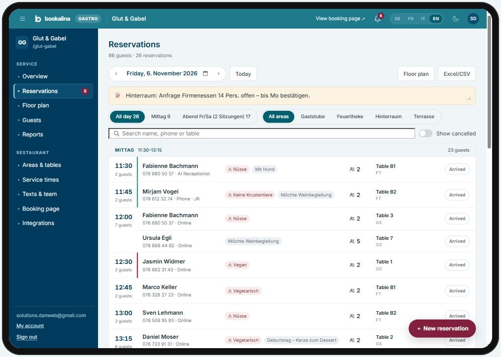 Bookalina Gastro: reservations of the demo restaurant Glut & Gabel on an iPad