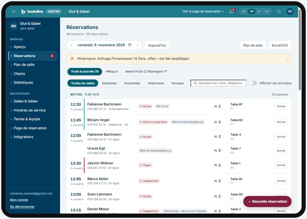 Bookalina Gastro : réservations du restaurant de démo Glut & Gabel sur iPad