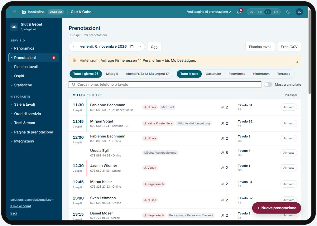 Bookalina Gastro: prenotazioni del ristorante demo Glut & Gabel su iPad