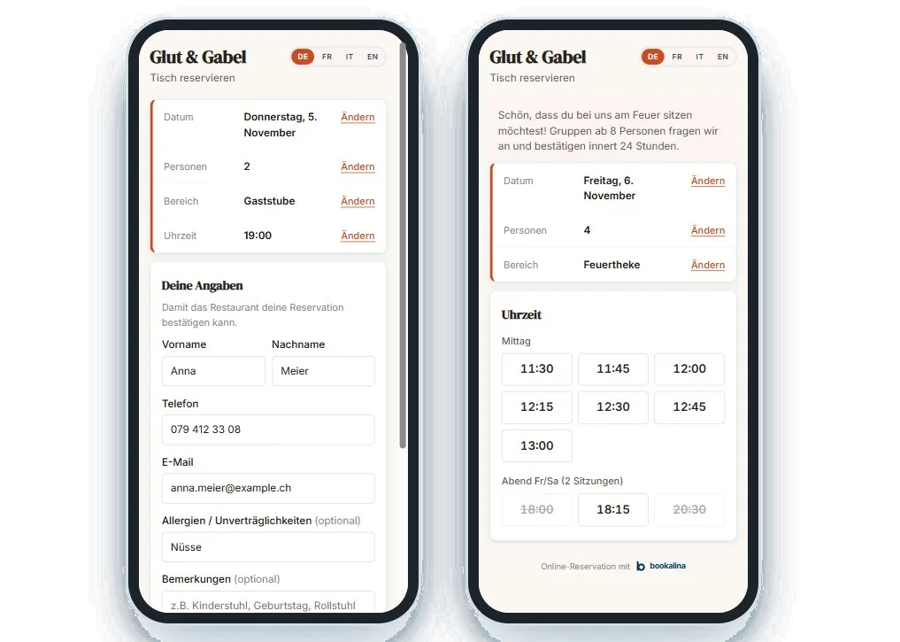 Reservations-Widget von Glut & Gabel auf zwei Handys