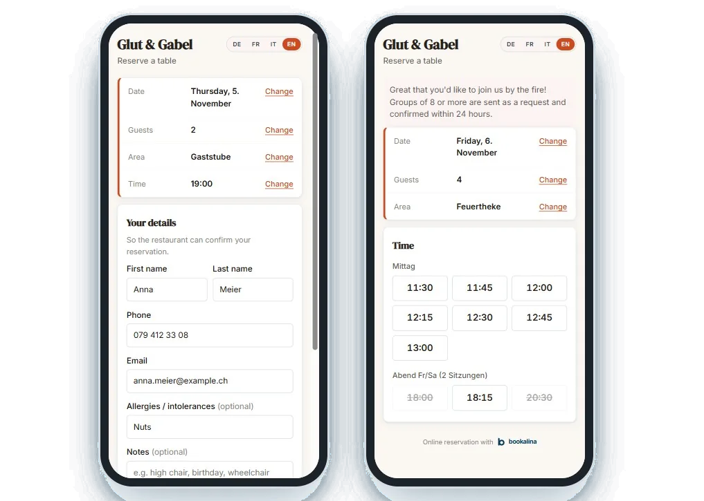 Glut & Gabel reservation widget on two phones