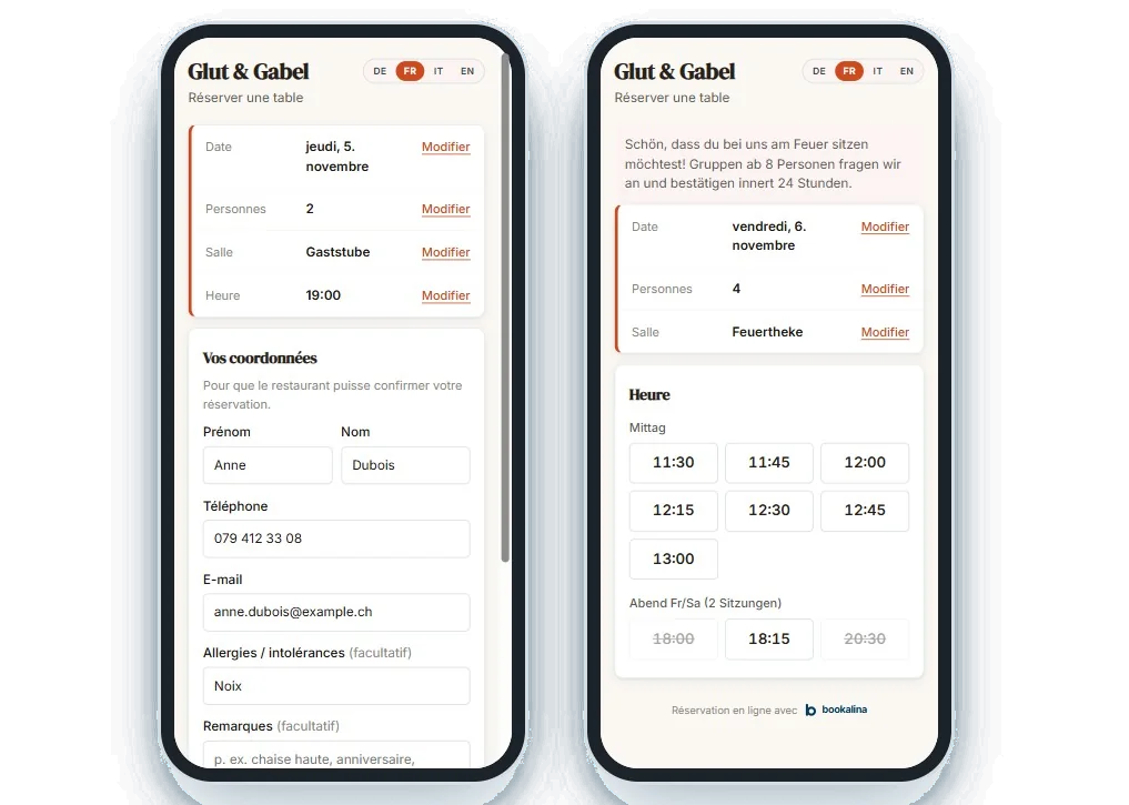 Widget de réservation de Glut & Gabel sur deux téléphones