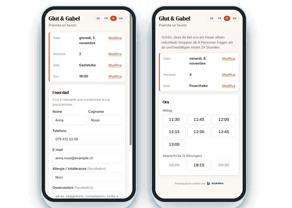Widget di prenotazione di Glut & Gabel su due telefoni