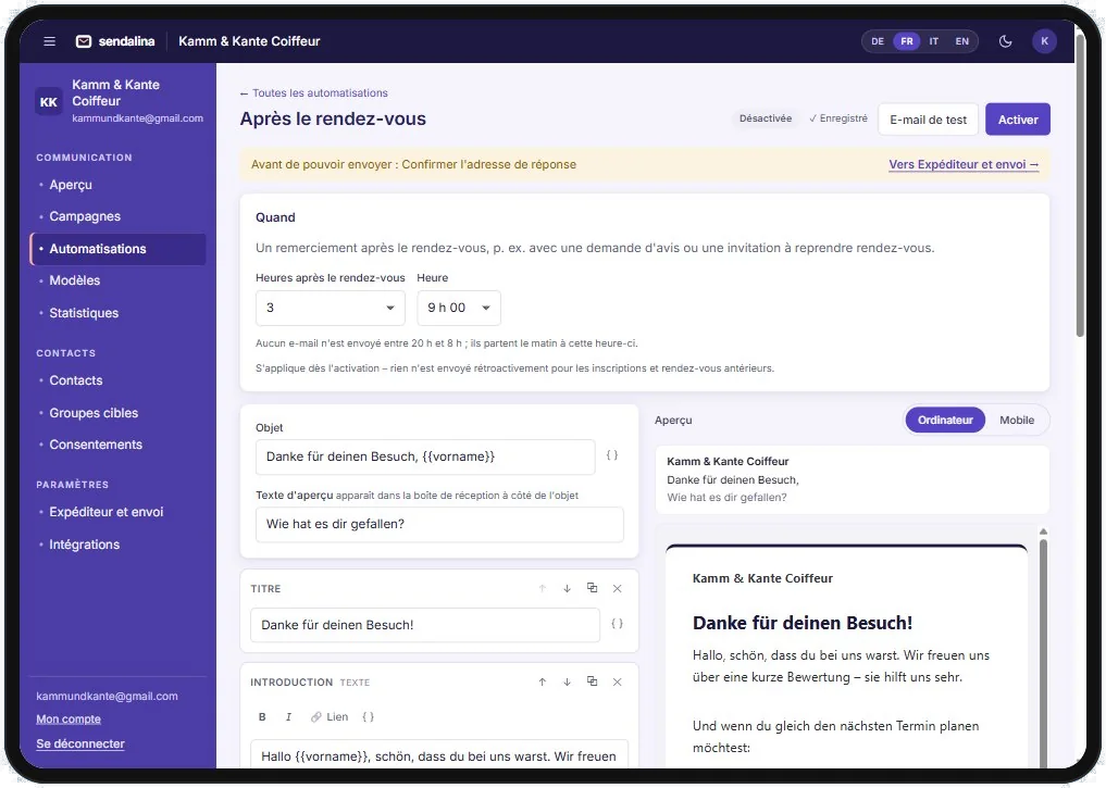 Automatisation Sendalina « Après le rendez-vous » avec aperçu de l’e-mail sur iPad