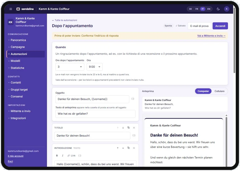 Automazione Sendalina «Dopo l’appuntamento» con anteprima e-mail su iPad