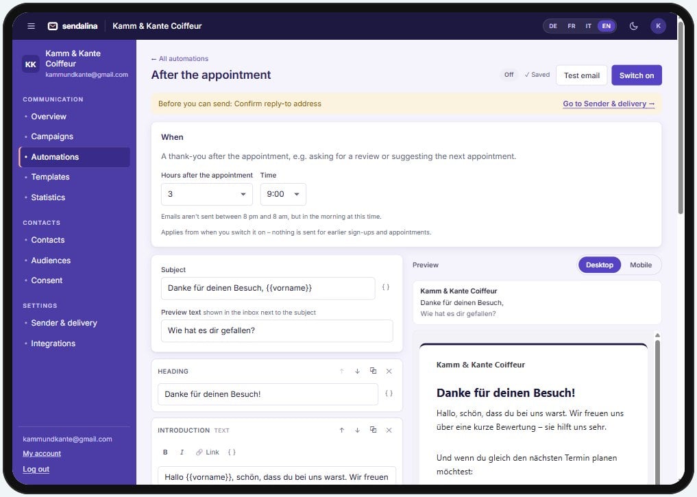 Sendalina automation “After the appointment” with email preview on an iPad