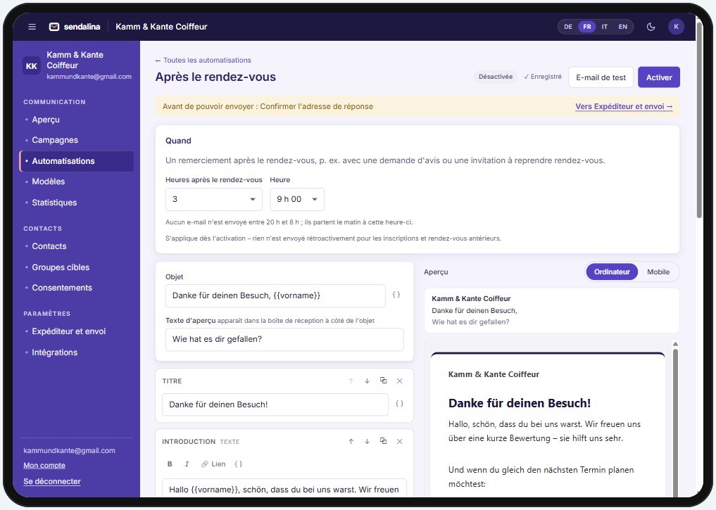 Automatisation Sendalina « Après le rendez-vous » avec aperçu de l’e-mail sur iPad