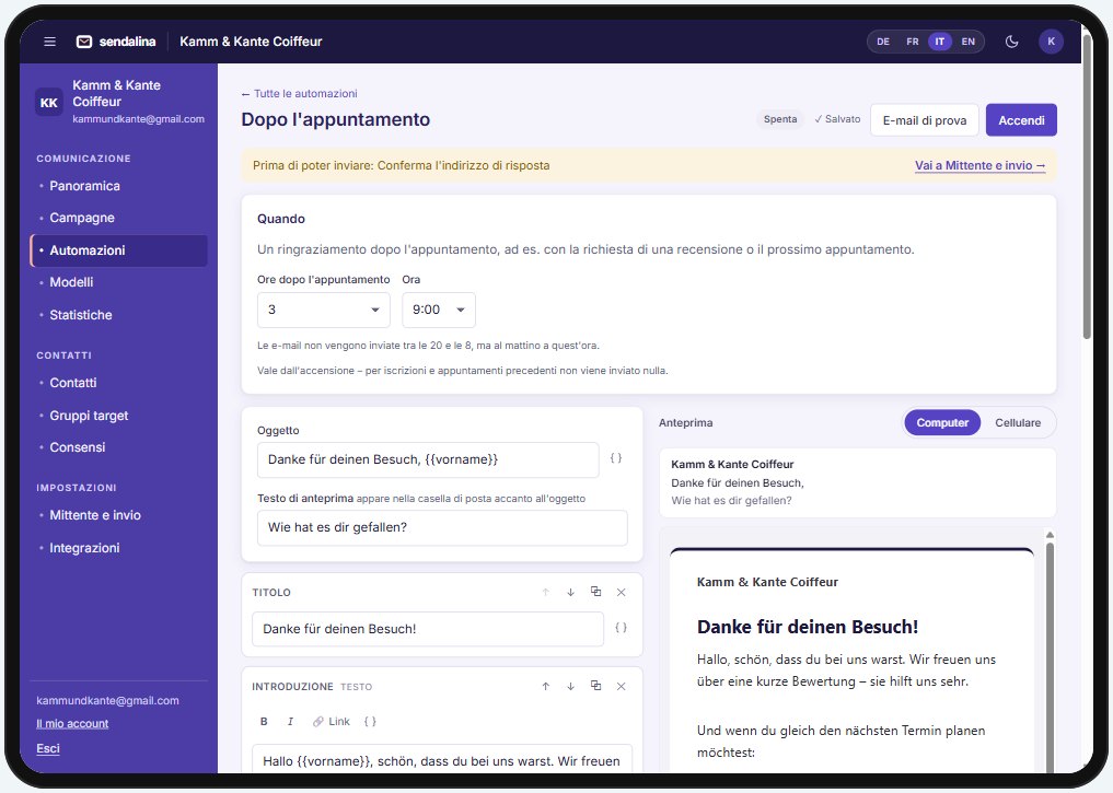 Automazione Sendalina «Dopo l’appuntamento» con anteprima e-mail su iPad