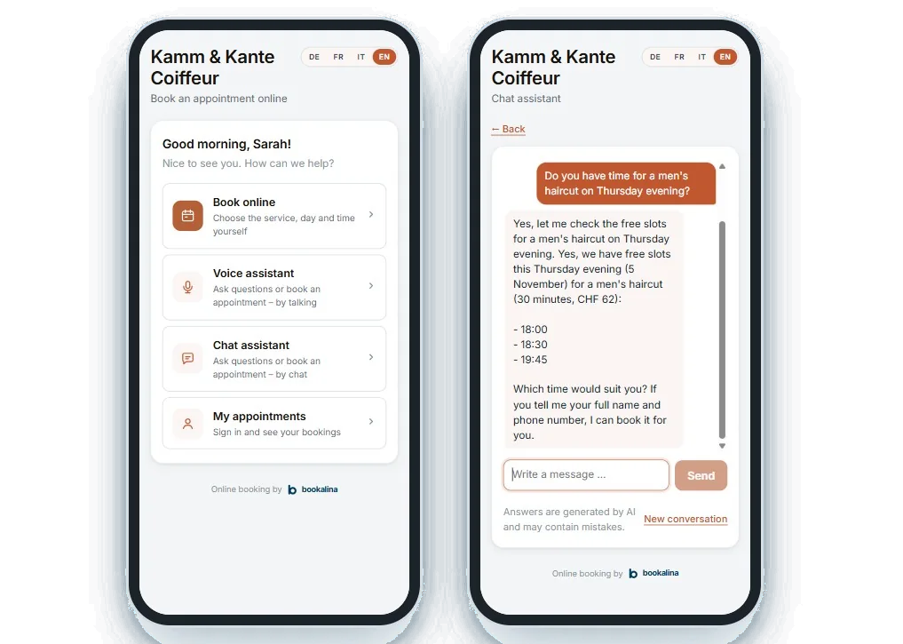 Chat assistant in the booking widget on two phones